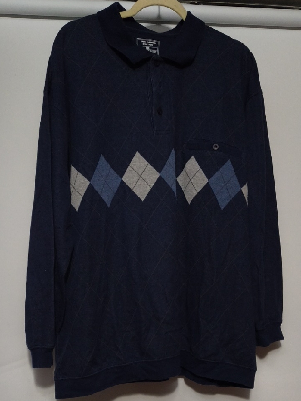 Long-Sleeve Navy Argyle Polo with Pocket